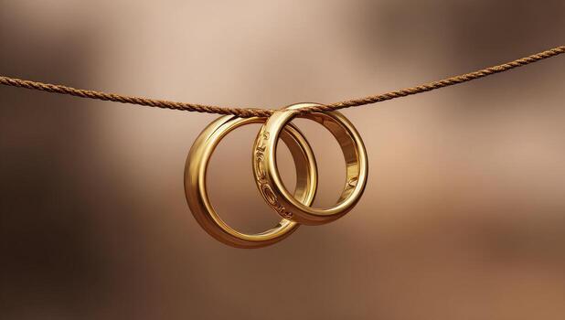 Two gold wedding rings hang on a brown string against a soft, blurred brown background photo