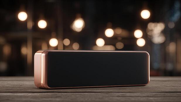 Rosa oro altavoz en rústico de madera superficie, bokeh luces foto