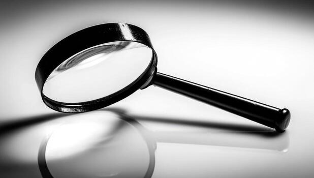 Black magnifying glass on a reflective surface photo