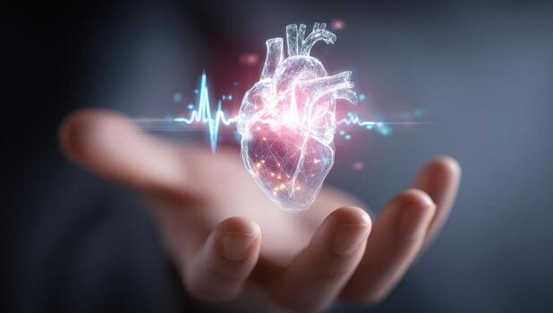 3D heart model held in hand, glowing with digital pulse photo