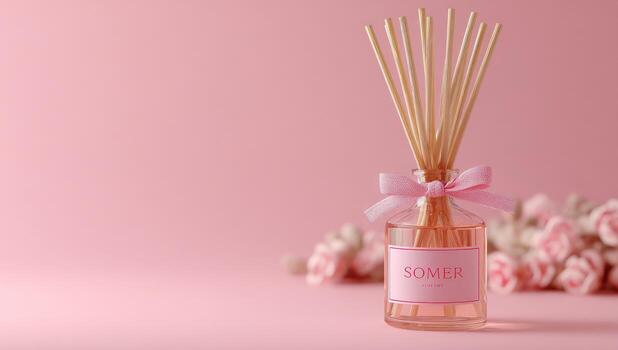 rosado difusor con de madera palos y un arco foto