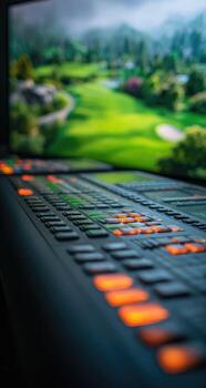 Close-up of a professional lighting console with illuminated buttons, blurred golf course background photo