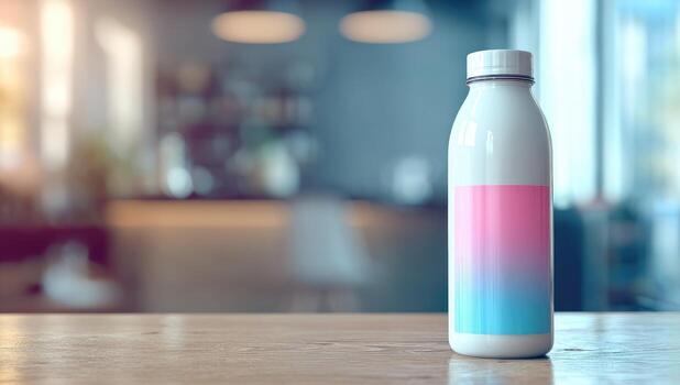 White bottle with pink and blue gradient label on wooden table, blurred cafe background photo