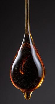 Close-up of a viscous amber liquid droplet hanging from a stem photo