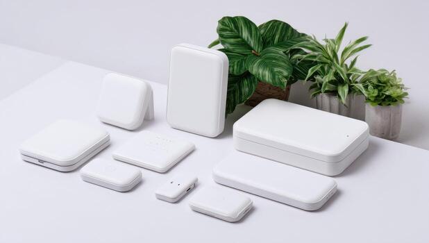 Multiple white rectangular devices, plant accents photo