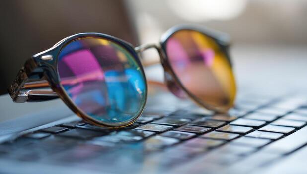 Stylish sunglasses resting on a laptop keyboard photo