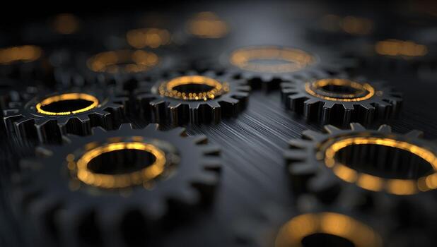 Close-up of many gears, dark background, glowing orange inner rings photo