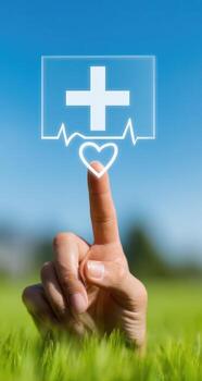 Finger pointing at a medical symbol photo