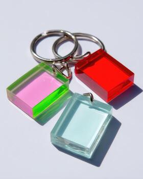 Three colorful rectangular acrylic keychains photo