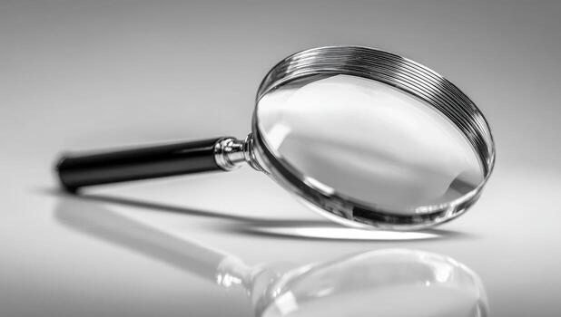 Close-up of a magnifying glass, lying on a surface photo