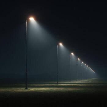 Foggy night, a row of illuminated streetlights photo