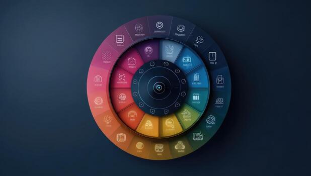 Circular infographic with multicolored, layered sectors, containing various icons. Dark background photo