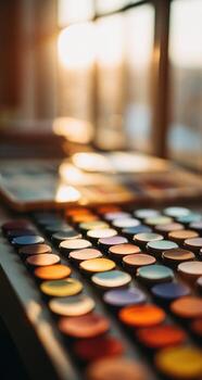 Colorful, round paint discs arranged in rows on a light-colored surface, with a warm, sunlit background photo