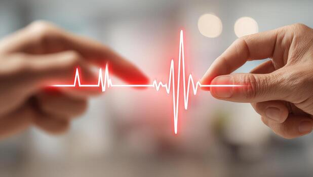 Two hands gently touch a glowing red heart rate monitor display photo