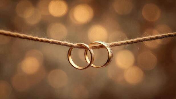 dos oro Boda bandas en un beige cadena, suave bokeh antecedentes foto