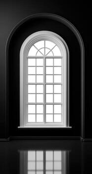 Arched window, white frame, detailed grid, dark wall, minimal design, elegant reflection, interior. photo