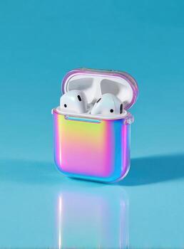 Wireless earbuds in an iridescent case, open, casting light reflections on a bright blue surface. photo