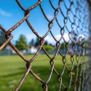 Close-up of rusty chain-link fence overlooking a park photo