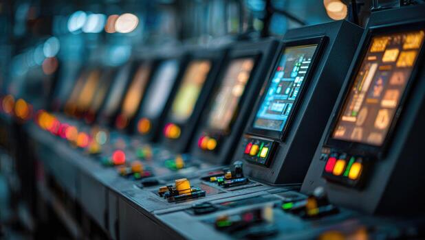 Array of industrial control panels with screens, lights, and buttons in a factory or plant setting photo