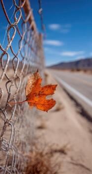 A lone orange leaf hangs on a weathered chain link fence, highway in background photo