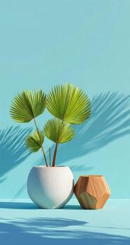 A potted palm tree and a wooden cube on a blue background photo