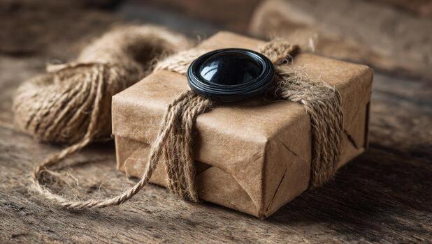 Gift wrapped in rustic brown paper, tied with twine, on a wooden surface photo
