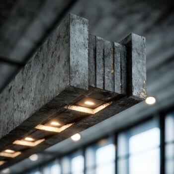 Concrete industrial light fixture with built-in LED lighting against a blurred background. photo