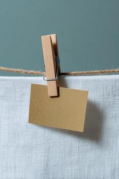 Gold notecard pegged to linen on twine photo