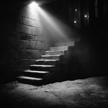 Stone steps descend into darkness, illuminated by a ray of light, creating a contrast of light and shadow. photo
