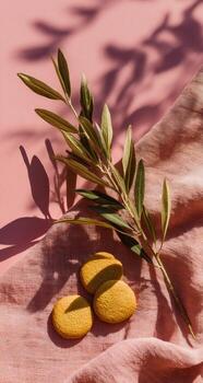 Pink cloth with branch, cookies, and shadows. Delicate composition on a vibrant background photo