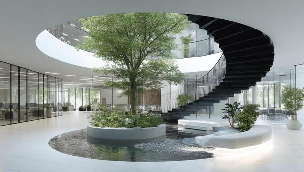 Modern office interior with a central tree, staircase, and water feature photo