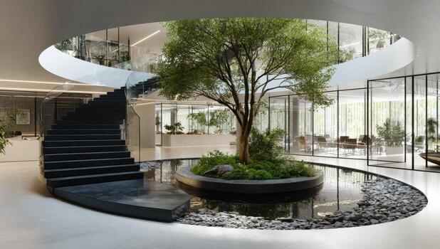 Modern interior with grand staircase and circular water feature centered around a vibrant tree. photo