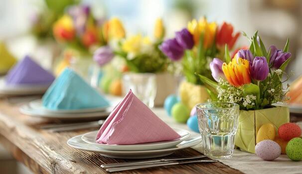 Festive Easter table setting with colorful tulips and pastel napkins photo