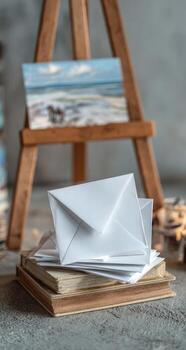 White envelopes on a stack of books, beside a wooden easel with a small art print photo