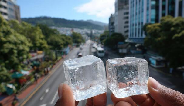 dos claro hielo cubitos retenida en manos, ciudad ver en antecedentes foto