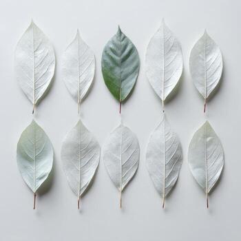 Nine white leaves, one green leaf, arranged in a grid on a light background photo