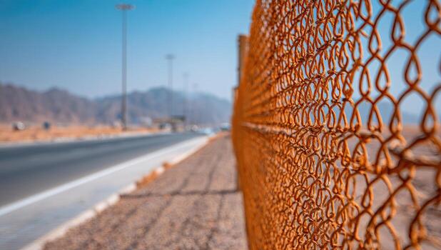 Rusty chain-link fence bordering a road photo