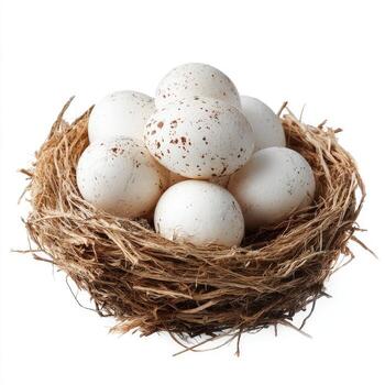 White speckled eggs nestled in a bird's nest photo