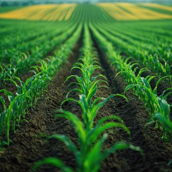 Rows of young corn plants in a fertile field photo