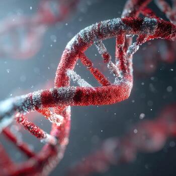 Close-up of a red and white DNA helix. 3D rendering of a DNA strand, with a textured, almost frosted, appearance. Particles and bokeh effect photo