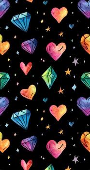 A black background with colorful hearts and diamonds photo