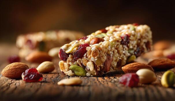 Close-up of a granola bar on a wooden surface, surrounded by nuts and dried fruit photo