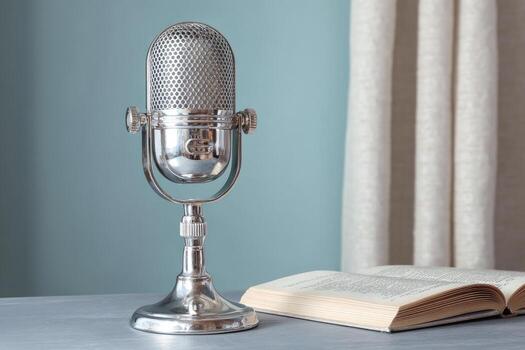 Vintage microphone on a table beside an open book photo