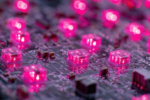 Close-up of circuit board with glowing pink LEDs photo