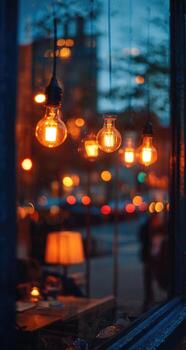 Blurry view of a cafe at dusk through a window, with warm Edison bulbs photo