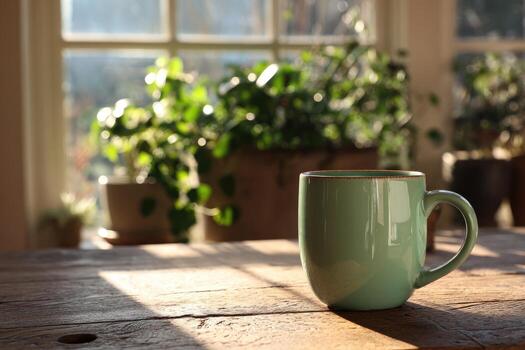 Teal mug on a rustic wooden table, sunlit window photo