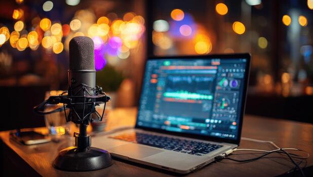 A microphone and laptop sit on a table, blurred city lights in the background. Audio equipment, podcasting setup photo