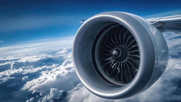 Airplane jet engine above clouds photo