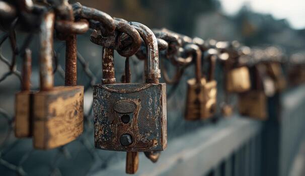 Rusty padlocks chained to a fence photo