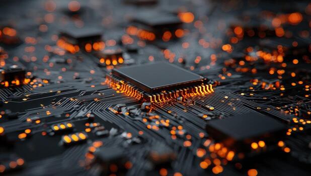 Close-up of a circuit board with a central processor chip. Intricate wiring and glowing components photo